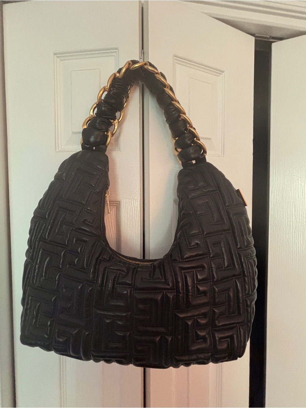 Balmain Black Quilted Hobo with Gold Chain Handle